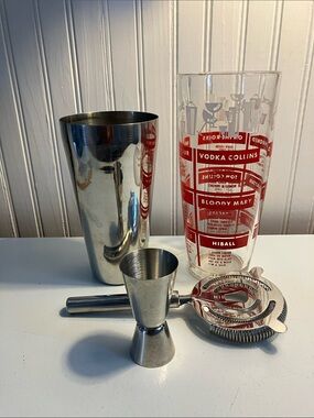 Complete MCM  Vintage Cocktail Set. Hazel Atlas Recipe Glass & 3 Accessories